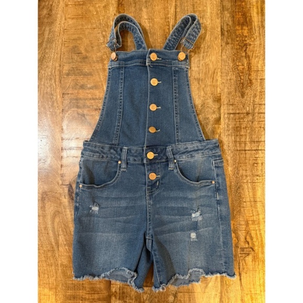 YMI Girls Size 10 Denim Overall Shorts Distressed Frayed Hem Shortalls